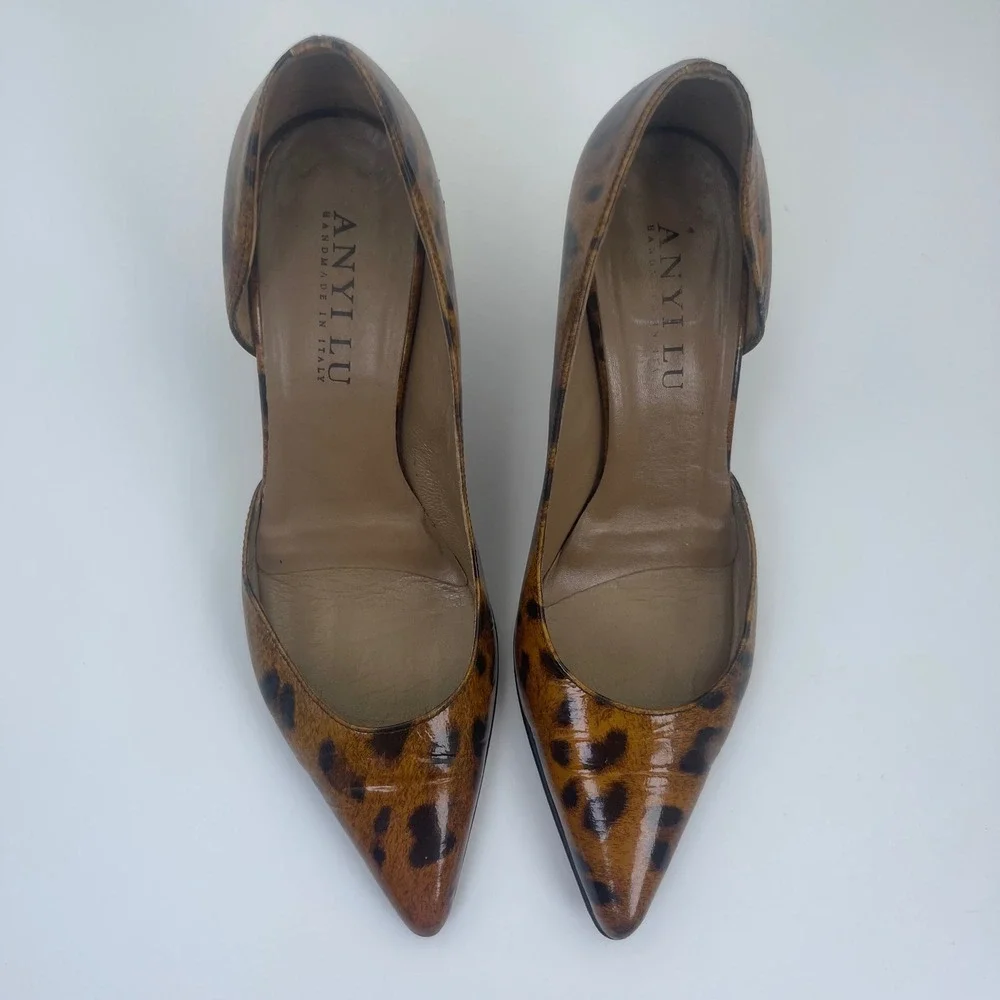 Anyi Lu Leopard Print Pumps Womens 39 Brown Good Leather‎ d'Orsay Pointed Toe